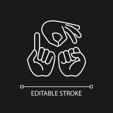 Karanlık tema için iletişim beyaz doğrusal simgesinde jestler. Eller yukarı. Sözsüz iletişim. İnce çizgi özelleştirilebilir illüstrasyon. Gece modu için izole vektör kontur sembolü. Düzenlenebilir vuruş