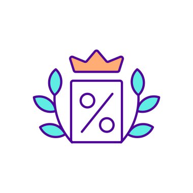 Taç ve indirim işareti RGB renk simgesi. Birinci sınıf sadakat programı. Müşteriler için ayrıcalıklı ödül programı. Kişisel çıkarlar. İzole vektör çizimi. Basit doldurulmuş çizgi çizimi