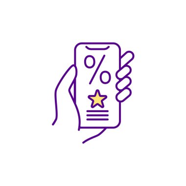 Akıllı telefon RGB renk simgesiyle ilgilenen kişi. İnternetten alışveriş. Dijital sadakat programı kartı. İndirim ve sosyal yardım. Müşteriler için başvuru. İzole vektör çizimi. Basit doldurulmuş çizgi çizimi