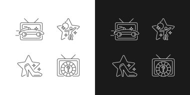 TV türleri doğrusal simgeler karanlık ve aydınlık mod için ayarlandı. Araba yarışı yayını. Dans yarışması. Özelleştirilebilir ince çizgi sembolleri. İzole vektör çizimi çizimleri. Düzenlenebilir vuruş