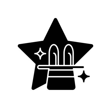 Yetenek gösterisi siyah kabartma simgesi. Tavşan ve şapka sihirbazlığı. İllüzyonist program. Medya eğlencesi için illüzyon ve sürpriz. Beyaz uzayda siluet sembolü. Vektör izole illüstrasyonu