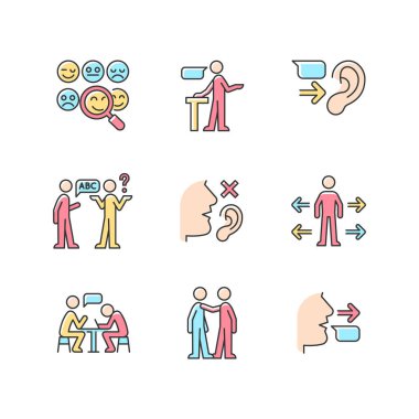 Etkili iletişim RGB renk simgeleri ayarlandı. Sosyalleşme. İddialı konuşmacı. Empati yeteneği. Dilsel engeller. Kişisel alan. İzole vektör çizimleri. Basit çizgi çizimleri koleksiyonu