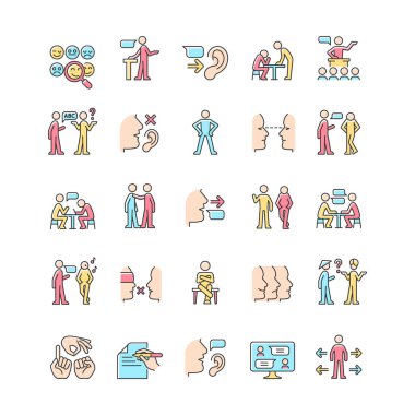 İletişim kanalı RGB renk simgeleri ayarlandı. Vücut dili. Dil engelleri. Göz teması. Önyargılar. Mesaj alıcısı ve gönderen. İzole vektör çizimleri. Basit çizgi çizimleri koleksiyonu