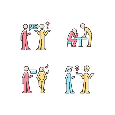 İletişim bilgileri etkili RGB renk simgeleri ayarlandı. Dil, kültürel engeller. Kelimesiz sinyaller. Dikkatsiz dinleme. İzole vektör çizimleri. Basit çizgi çizimleri koleksiyonu