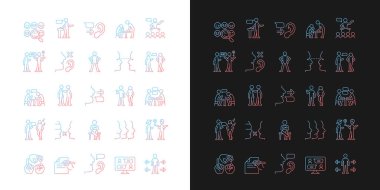 İletişim kanalı gradyan simgeleri karanlık ve aydınlık moduna ayarlandı. Vücut dili. Göz teması. İnce çizgili sembol demetleri. Siyah ve beyaz üzerine izole vektör ana hatları koleksiyonu