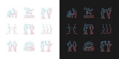 İletişim süreci gradyan simgeleri karanlık ve aydınlık moduna ayarlandı. Fiziksel davranış. Göz teması. İnce çizgili sembol demetleri. Siyah ve beyaz üzerine izole vektör ana hatları koleksiyonu