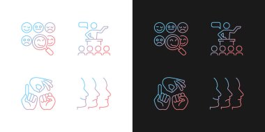 Karanlık ve aydınlık mod için ayarlanmış gradyan simgelerle ilişkiler kurmak. İletişim. İnce çizgili sembol demetleri. Siyah ve beyaz üzerine izole vektör ana hatları koleksiyonu