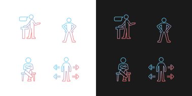 Karanlık ve aydınlık mod için iletişim yetenekleri gradyan simgeleri ayarlandı. Kendine güvenen bir konuşma. Vücut dili. İnce çizgili sembol demetleri. Siyah ve beyaz üzerine izole vektör ana hatları koleksiyonu