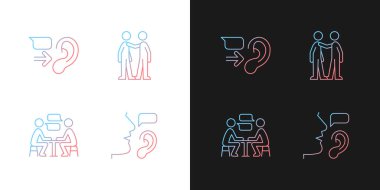 Sözlü ve sözsüz iletişim gradyan simgeleri karanlık ve aydınlık moduna ayarlandı. Mesaj alıcısı. İnce çizgili sembol demetleri. Siyah ve beyaz üzerine izole vektör ana hatları koleksiyonu