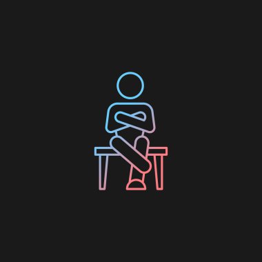 Karanlık tema için kapalı vücut dili gradyan vektör simgesi. Bacak bacak üstüne attım. Rahatsızlık gösteriyor. Sözsüz iletişim. İnce çizgi renk sembolü. Modern tarz pictogram. Vektör izole çizimi