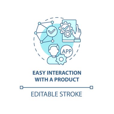 Ürün konsepti ikonu ile kolay etkileşim. Ürün kullanımı soyut fikir ince çizgi çizimi. Kullanılabilirlik. İyi kurulmuş etkileşimli kontrol. Vektör izole edilmiş dış hat renk çizimi. Düzenlenebilir vuruş