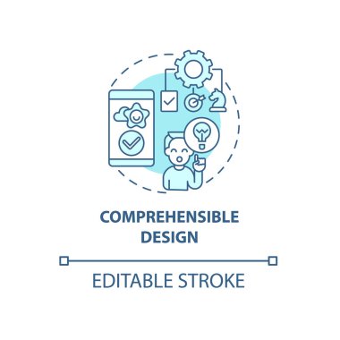 Anlaşılabilir tasarım konsepti simgesi. Ürün kullanımı soyut fikir ince çizgi çizimi. Netliği koruyun. Tam kapsamlı kullanıcı deneyimi yarat. Vektör izole edilmiş dış hat renk çizimi. Düzenlenebilir vuruş