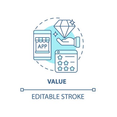 Ürün değeri konsepti ikonu. UX prensibi soyut fikir ince çizgi çizimi. Rekabet üstünlüğü. Seyirciyi karşılamak. Değer önerisi. Vektör izole edilmiş dış hat renk çizimi. Düzenlenebilir vuruş