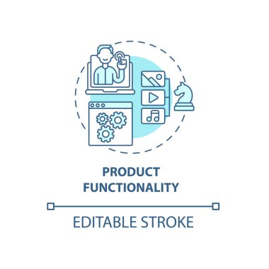 Ürün işlevselliği konsepti simgesi. UX soyut fikir ince çizgi çizimi kuralını koyuyor. Hizmet yararlılığı. Hedeflere ve ihtiyaçlara ulaşmak. Vektör izole edilmiş dış hat renk çizimi. Düzenlenebilir vuruş