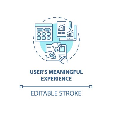 Kullanıcı anlamlı deneyim konsept simgesi. UX soyut fikir ince çizgi çizimi. Kullanıcı ve ürün arasındaki etkileşim. Kullanıcı odaklı tasarım. Vektör izole edilmiş dış hat renk çizimi. Düzenlenebilir vuruş