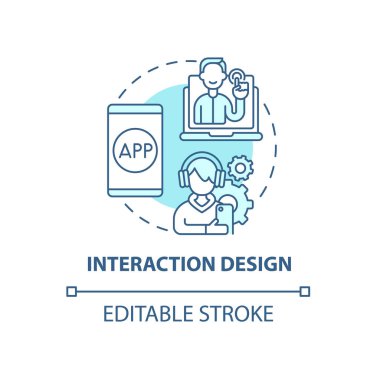 Etkileşim tasarım konsepti simgesi. UX tasarımı soyut fikir ince çizgi çizimi. Müşteri belli ürün elemanlarıyla etkileşime geçiyor. Vektör izole edilmiş dış hat renk çizimi. Düzenlenebilir vuruş