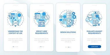 UCD işlemleri mobil uygulama sayfa ekranında. Kullanıcı gereksinimlerini kavramlarla birlikte dört adımda grafik talimatlarını gözden geçirerek belirtin. UI, UX, doğrusal renk çizimleri olan GUI vektör şablonu