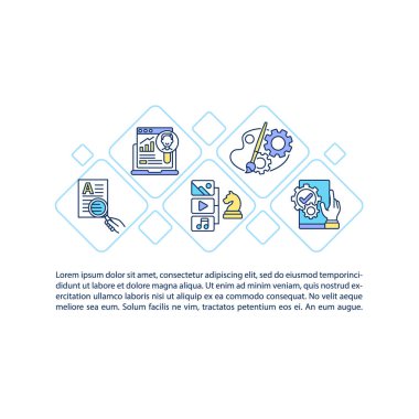 Metinli ürün tasarımı ve geliştirme konsepti simgeleri. Kopya uzayı ile PPT sayfa vektör şablonu. Broşür, dergi, gazete tasarımı. Beyaz üzerinde harika kullanıcı arayüzü doğrusal çizimleri