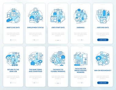 Mobil uygulama ekranında doğum izni ile ilgili mavi ekran seti. İşe geri dön. Kavramlarla birlikte 5 aşamalı grafik talimatları gözden geçir. UI, UX, doğrusal renk çizimleri olan GUI vektör şablonu