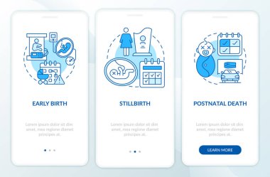 Annelik izni kutuları mobil uygulama sayfası ekranında mavi. 3 aşamalı grafik talimatlar ve kavramlarla yürüyün. UI, UX, doğrusal renk çizimleri olan GUI vektör şablonu
