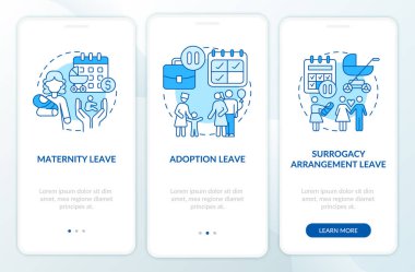 Mobil uygulama sayfasında doğum izni tipleri mavi. Evlat edinme, taşıyıcı annelik, kavramlarla birlikte üç aşamalı grafik talimatlar. UI, UX, doğrusal renk çizimleri olan GUI vektör şablonu