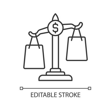 Karşılaştırma alışverişi doğrusal simgesi. Fiyat değerleri arasında seçim yapın. Finansal okuryazarlık. İnce çizgi özelleştirilebilir illüstrasyon. Contour sembolü. Vektör izole çizim. Düzenlenebilir vuruş