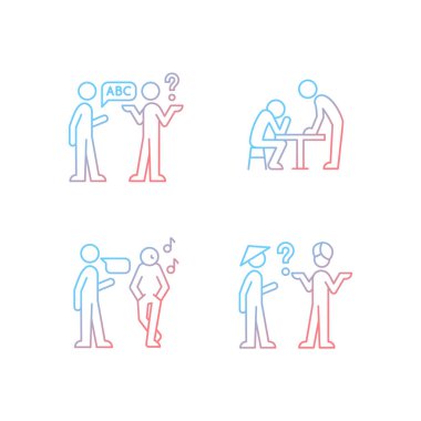 İletişim bilgileri etkili bir şekilde gradyan doğrusal vektör simgeleri ayarlandı. Dil, kültürel engeller. Kelimesiz sinyaller. İnce çizgili sembol demetleri. İzole edilmiş taslak illüstrasyon koleksiyonu