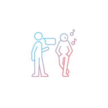 Dikkatsiz dinleme gradyan doğrusal vektör simgesi. Göz teması eksikliği. Dikkati dağılmış dinleyici. Yargıda bulunuyorum. İnce çizgi renk sembolü. Modern tarz pictogram. Vektör izole çizimi