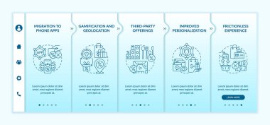 Sadakat modern trendleri vektör şablonunda programlar. Simgeli ilgili mobil web sitesi. Web sayfasında 5 basamaklı ekranlar. İkramiye sistemi eğilimleri doğrusal çizimlerle renk kavramı