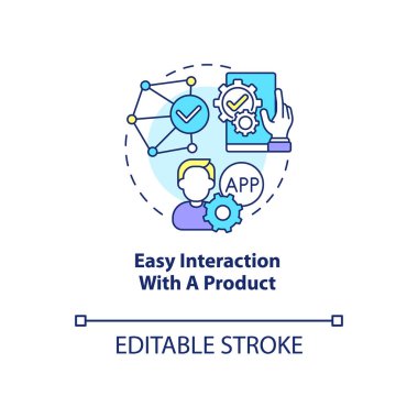 Ürün konsepti ikonu ile kolay etkileşim. Ürün kullanımı soyut fikir ince çizgi çizimi. İşe yarar. Kullanımı kolay arayüz oluşturma. Vektör izole edilmiş dış hat renk çizimi. Düzenlenebilir vuruş