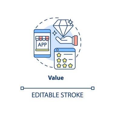 Ürün değeri konsepti ikonu. UX prensibi soyut fikir ince çizgi çizimi. Rekabet üstünlüğü. Kullanımı kolay tasarım. Değer önerisi. Vektör izole edilmiş dış hat renk çizimi. Düzenlenebilir vuruş