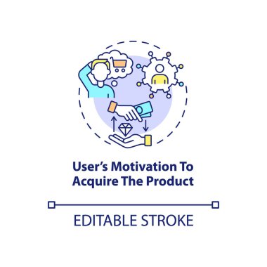 Ürün konsept simgesi elde etmek için kullanıcı motivasyonu. UX soyut fikir ince çizgi çizimi kuralını koyuyor. Hedef kitleyi satın almaya ikna etmek. Vektör izole edilmiş dış hat renk çizimi. Düzenlenebilir vuruş