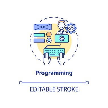 Programlama konsepti simgesi. UX tasarımı soyut fikir ince çizgi çizimi. Etkileşimli prototip oluşturma. Etkileşim tasarımcısı. Web sitesi kur. Vektör izole edilmiş dış hat renk çizimi. Düzenlenebilir vuruş