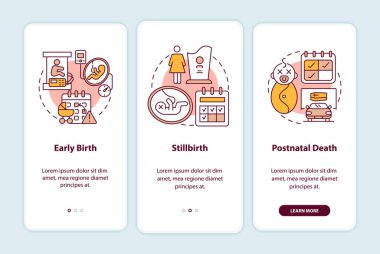 Annelik izni kutuları mobil uygulama sayfası ekranında. İşçi Partisi, konseptlerle birlikte üç aşamalı grafik talimatlarla yürüme riskine girer. UI, UX, doğrusal renk çizimleri olan GUI vektör şablonu