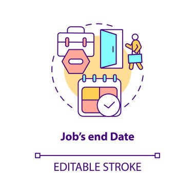 İş bitimi konsept simgesi. Doğumdan sonra işten istifa etmek, ebeveynler soyut fikirleri ince çizgiler halinde resmetmek. İşten çıkarılma. Vektör izole edilmiş dış hat renk çizimi. Düzenlenebilir vuruş