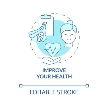 Sağlık mavisi konsept ikonunu geliştir. Sağlıklı ürünler soyut fikir ince çizgi çizimi. Diyet ile refahı arttırmak. Organik yiyecekler. Vektör izole edilmiş dış hat renk çizimi. Düzenlenebilir vuruş