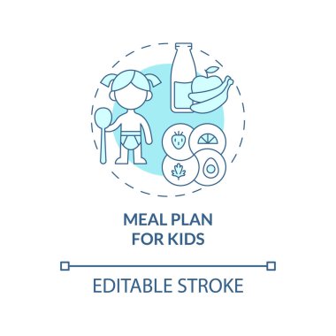 Çocuklar için yemek planı mavi konsept ikonu. Çocuklar için sağlıklı yiyecekler soyut fikirler ince çizgi çizimi. Çocuklar için dengeli ve sağlıklı bir diyet. Vektör izole edilmiş dış hat renk çizimi. Düzenlenebilir vuruş