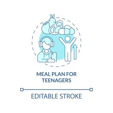 Gençler için yemek planı mavi konsept ikonu. Gençler için sağlıklı bir menü soyut fikir ince çizgi çizimi. Yemek alışkanlıkları. Sağlıklı atıştırmalıklar. Vektör izole edilmiş dış hat renk çizimi. Düzenlenebilir vuruş