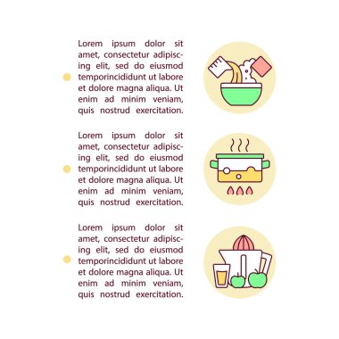 Metinli konsept satırı simgelerini tarif eder. Kopya uzayı ile PPT sayfa vektör şablonu. Broşür, dergi, gazete tasarımı. Öğle yemeği için sağlıklı tarif, beyaz üzerine doğrusal akşam yemeği çizimleri