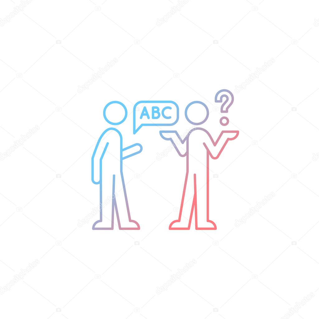 Language barriers gradient linear vector icon. Breakdown in communication. Speaking different languages, dialects. Thin line color symbol. Modern style pictogram. Vector isolated outline drawing