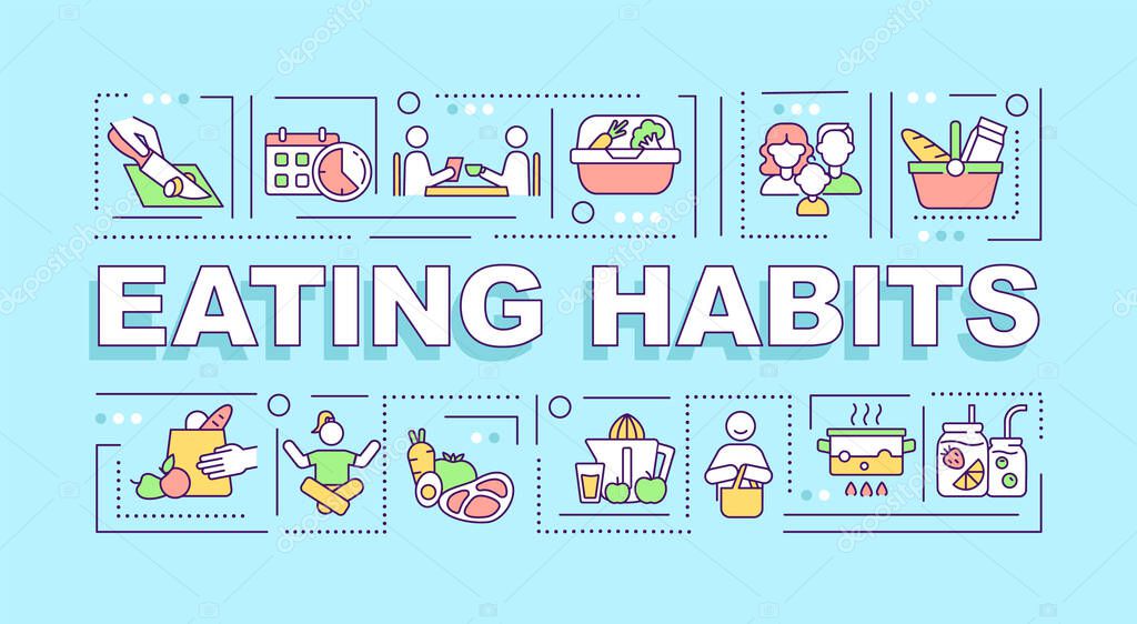 Eating habits word concepts banner. Healthy lifestyle. Balanced menu. Infographics with linear icons on blue background. Isolated creative typography. Vector outline color illustration with text
