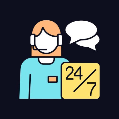 Koyu renk teması için müşteri desteği RGB renk simgesi. Müşteri yardımı. Kulaklık takan biri. Çevrimiçi danışman. Gece modunda izole vektör çizimi. Siyah üzerine basit çizgi çizimi