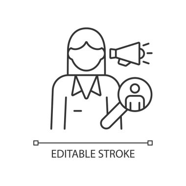 Pazarlama müdürü RGB doğrusal simgesi. Ürünleri ve şirket hizmetlerini destekleyin. Reklam kampı gibi. İnce çizgi özelleştirilebilir illüstrasyon. Contour sembolü. Vektör izole çizim. Düzenlenebilir vuruş