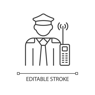 Güvenlik görevlisi RGB doğrusal simgesi. Özel ve kamu malını denetleyen bir memur. İnce çizgi özelleştirilebilir illüstrasyon. Contour sembolü. Vektör izole çizim. Düzenlenebilir vuruş