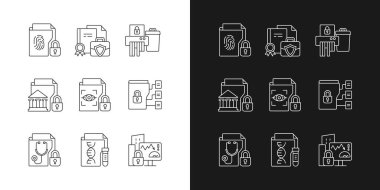 Karanlık ve aydınlık moduna ayarlanmış gizli bilgi tipleri doğrusal simgeler. Biyometrik veri. Kağıt öğütme. Özelleştirilebilir ince çizgi sembolleri. İzole vektör çizimi çizimleri. Düzenlenebilir vuruş