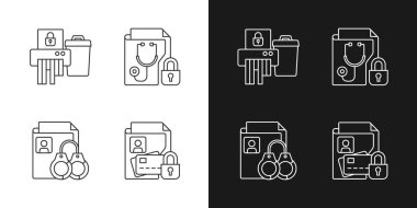 Bilgi duyarlılığı doğrusal simgeleri karanlık ve aydınlık moduna ayarlandı. Belgeler yok ediliyor. Sabıka kaydı. Özelleştirilebilir ince çizgi sembolleri. İzole vektör çizimi çizimleri. Düzenlenebilir vuruş