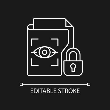 Karanlık tema için korunan biyometrik veri beyaz doğrusal simgesi. Kişisel bilgi toplama. İnce çizgi özelleştirilebilir illüstrasyon. Gece modu için izole vektör kontur sembolü. Düzenlenebilir vuruş