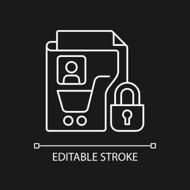 Karanlık tema için tüketici veri gizlilik beyaz doğrusal simgesi. Alıcıları koruyorum. Müşteri koruması. İnce çizgi özelleştirilebilir illüstrasyon. Gece modu için izole vektör kontur sembolü. Düzenlenebilir vuruş