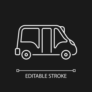 Koyu tema için küçük beyaz doğrusal simge. Yolcu taşımak için küçük bir otobüs. Motorlu araç. İnce çizgi özelleştirilebilir illüstrasyon. Gece modu için izole vektör kontur sembolü. Düzenlenebilir vuruş