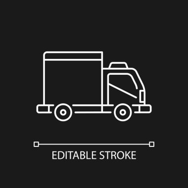 Koyu renk tema için kargo taksi beyaz doğrusal simgesi. Kargo kamyonu servisi. Taşıma yardımı. Kargo kamyonu. İnce çizgi özelleştirilebilir illüstrasyon. Gece modu için izole vektör kontur sembolü. Düzenlenebilir vuruş